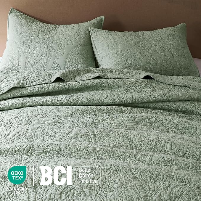palassio Sage Green Paisley 100% Cotton Quilt California Cal King Size Bedding - Image 3