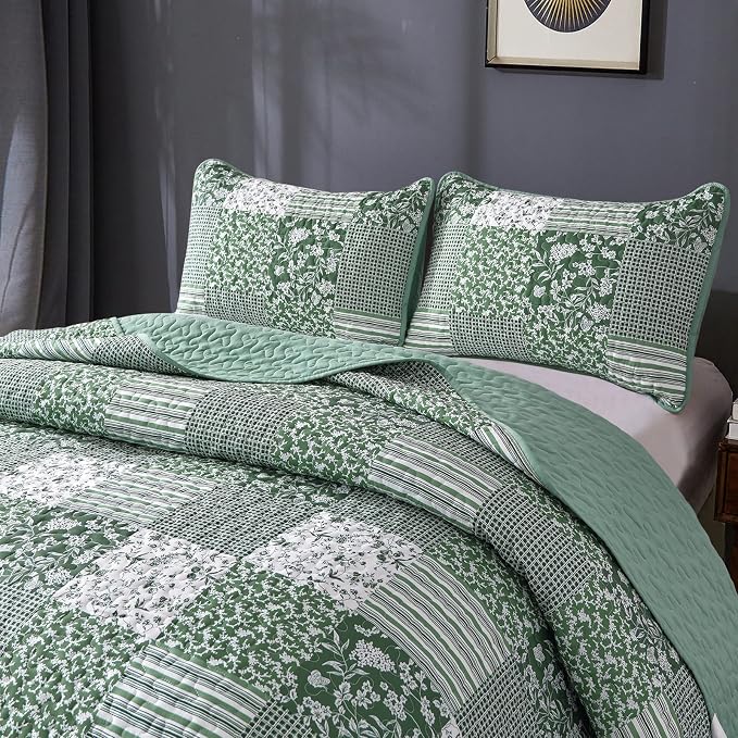 Mybedsoul Green Boho Queen Quilt Set, 3-Piece Reversible Soft Plaid Floral - Image 8