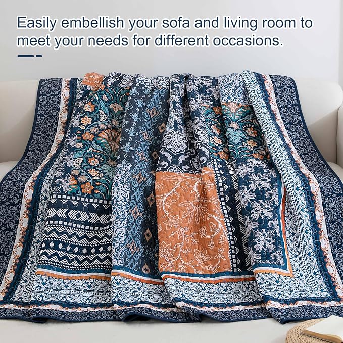 WONGS BEDDING Navy Blue Quilt Set Queen Size, Bohemian Patchwork Bedspread - Image 7