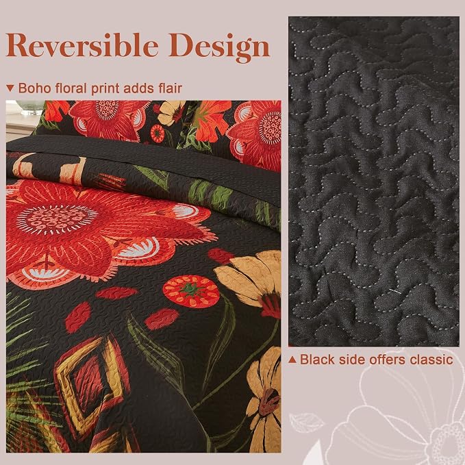 Tyrot 3 Piece Black Red Boho Floral Quilt Sets Full/Queen Farmhouse Reversible - Image 3