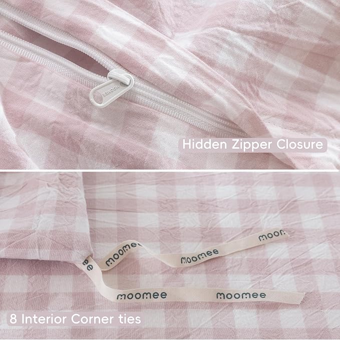 MooMee Gingham Duvet Cover Set 100% Washed Cotton Linen Like Textured - Image 8
