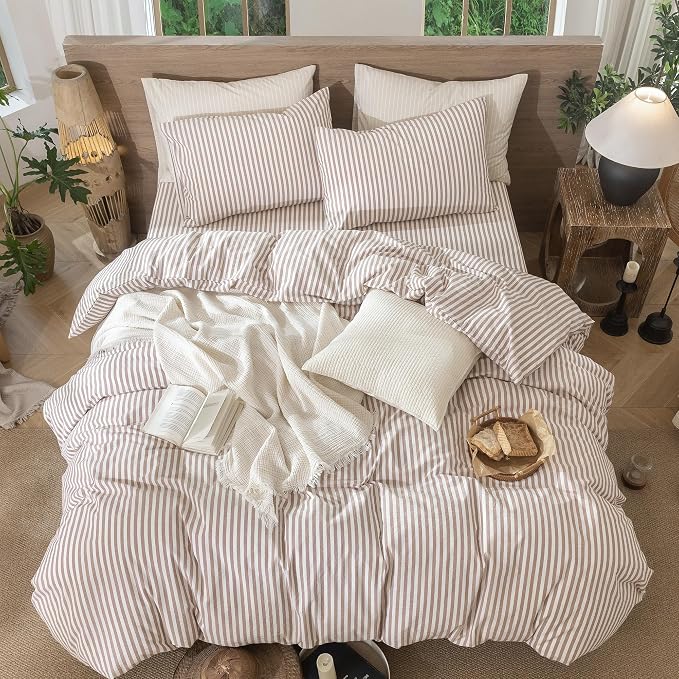 MooMee Striped Duvet Cover Set 100% Washed Cotton Linen Like Textured - Image 5