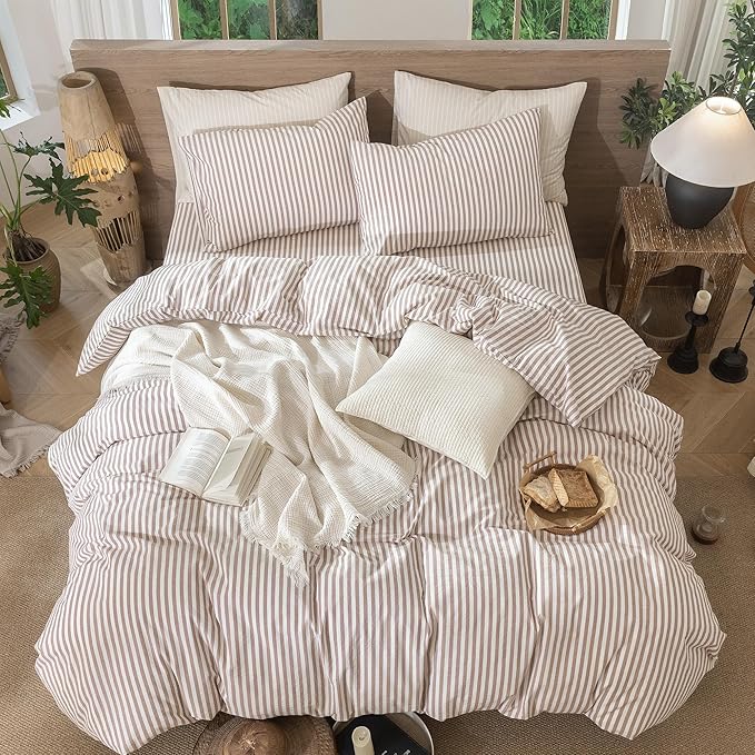 MooMee Striped Duvet Cover Set 100% Washed Cotton Linen Like Textured - Image 5