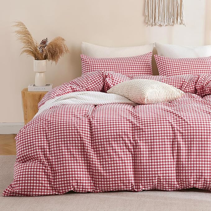 TOCOMOA Red Gingham Duvet Cover Bedding Set 100% Washed Cotton Like Linen Feel by TOCOMOA