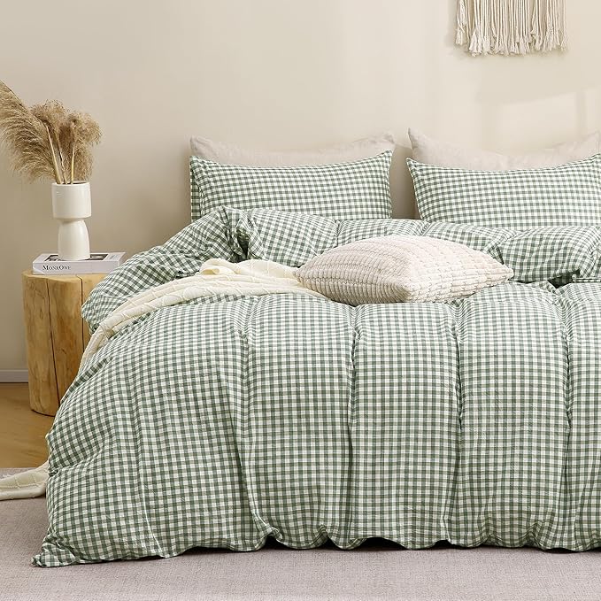 TOCOMOA Green Gingham Duvet Cover Bedding Set 100% Washed Cotton Like Linen by TOCOMOA