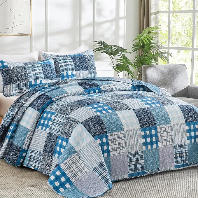 Xruibed Blue Quilt Set Queen Size 3 Pieces Plaid Floral Boho Bedspread Coverlet - Image 2