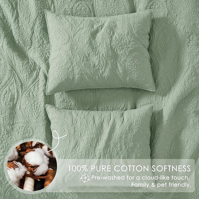 PALASSIO Sage Green Paisley 100% Cotton Quilt Queen Size Bedding Set - Image 4