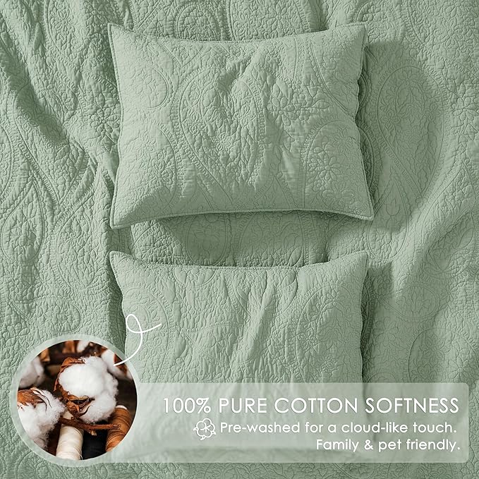 palassio Sage Green Paisley 100% Cotton Quilt California Cal King Size Bedding - Image 4