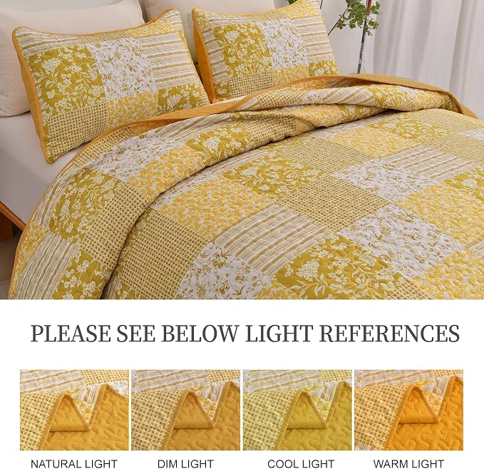 Mybedsoul Yellow Boho Quilt Set King Size, 3 Pieces Plaid Floral Bedspread - Image 8