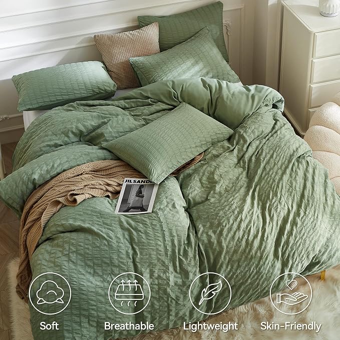 JELLYMONI Dark Green Duvet Cover Full Size, Soft Breathable Seersucker Duvet - Image 2