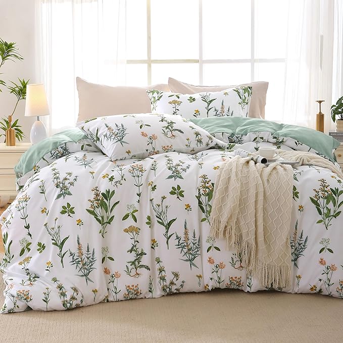 MUXHOMO Duvet Cover King Size, Reversible Floral Green Duvet Cover Set by MUXHOMO