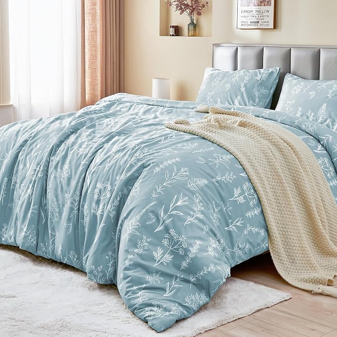 MUXHOMO Duvet Cover Full Size, Reversible Floral Mineral Blue Duvet Cover Set by MUXHOMO