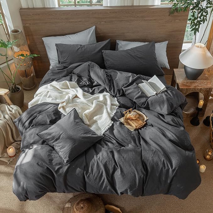 MooMee Wavy Striped Duvet Cover Set 100% Washed Cotton Linen Like Textured - Image 4