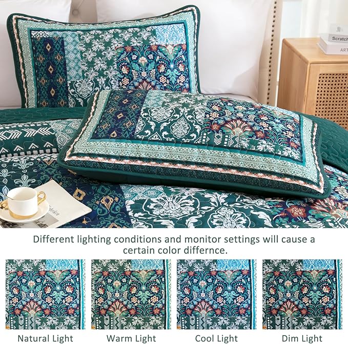 WONGS BEDDING Green Quilt Set King Size, 3 Pieces Boho Quilt Patchwork Quilt - Image 6