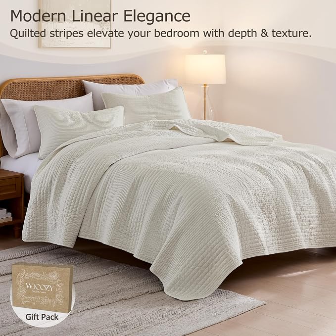 palassio Striped Beige 100% Cotton Quilt King Size Bedding Sets, Lightweight - Image 2