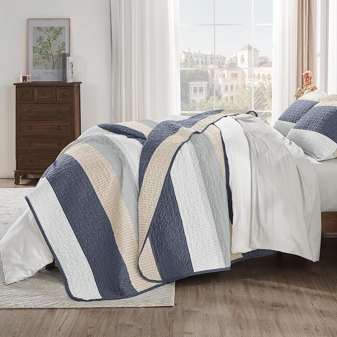 Andency California King Quilt Set Yellow Blue, 3 Pieces Ultra Soft Lightweight - Image 4