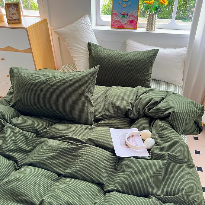 PinkMemory Green Striped Duvet Cover King 100% Washed Cotton Olive Green - Image 4