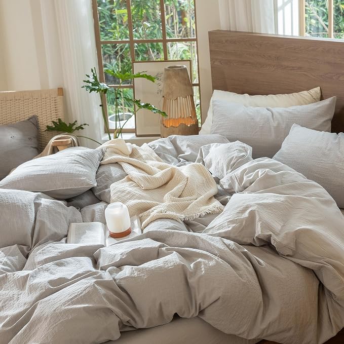 MooMee Wavy Striped Duvet Cover Set 100% Washed Cotton Linen Like Textured - Image 5