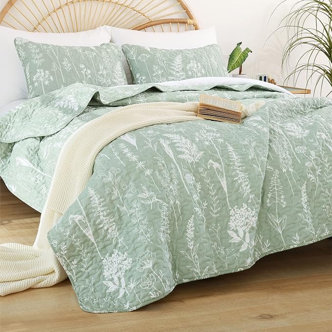 JANZAA Quilts Queen Size Sage Green Quilt Botanical - Image 6