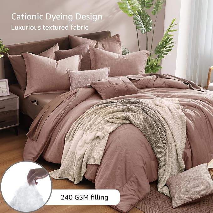 Monbix King Size Comforter Set, 7 Pieces Dusty Pink Cationic Dyeing Bed in a - Image 3