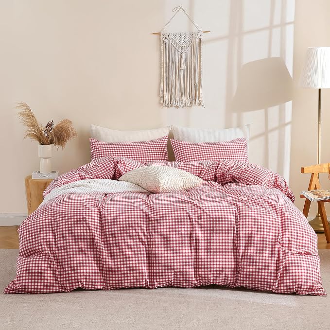 TOCOMOA Red Gingham Duvet Cover Bedding Set 100% Washed Cotton Like Linen Feel - Image 3