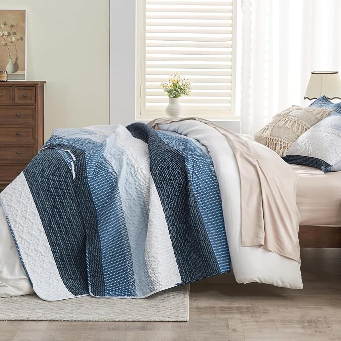 Andency Navy Blue Striped Quilt King, 3 Pieces Patchwork Bedspread Coverlet Set - Image 4