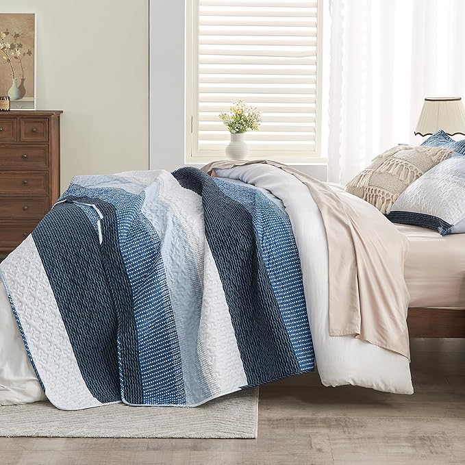 Andency Navy Blue Striped Quilt Queen, 3 Pieces Patchwork Bedspread Coverlet Set - Image 4