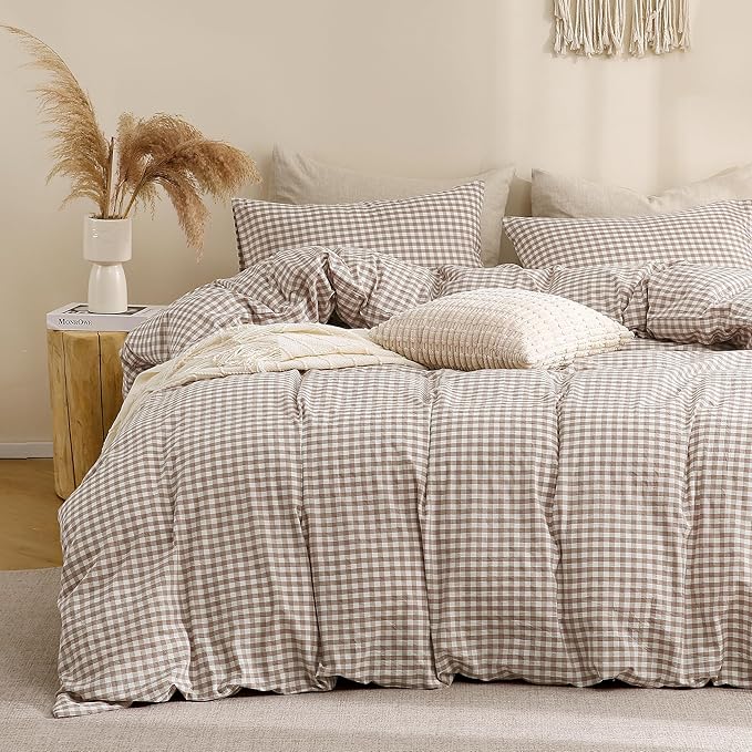 TOCOMOA Tan Gingham Duvet Cover Bedding Set 100% Washed Cotton Like Linen Feel by TOCOMOA