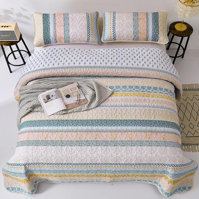 WONGS BEDDING Boho Quilt Set Queen Size, Lightweight Bedspread Coverlet Bedding - Image 3