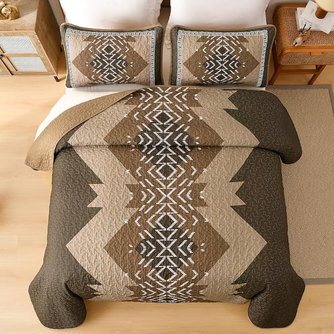 Dintszyayue Brown Quilt Set King Size Boho Aztec Texture Bedspread Coverlet Set - Image 3