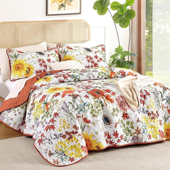Yiran Fall Floral Quilt Set Queen Size, 3 Pieces Soft Lightweight Microfiber - Image 2