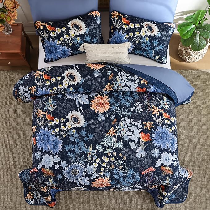 Yiran Navy Blue Sunflower Floral Quilts Queen Size, Botanical Fall Bedspread - Image 4