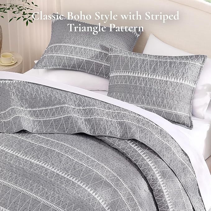 Andency Oversized Super King Quilt Set Grey, 3 Pieces Boho Lightweight Soft - Image 4