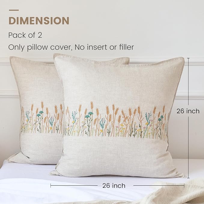 Simple&Opulence 100% Linen Euro Shams 26'' x 26'' Pack of 2, Embroidery Wheat - Image 5