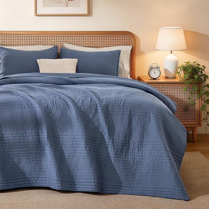 Love's cabin Queen Size Cotton Quilt Set, 100% Cotton Fabric Striped Textured by Lovescabin