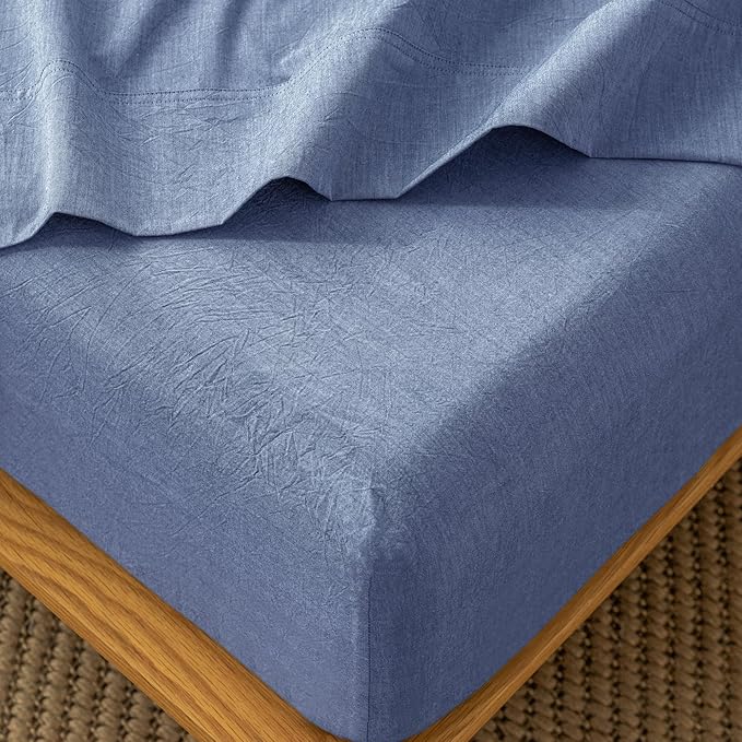 MooMee Fitted Bottom Sheet Only 100% Washed Cotton Linen Like Textured by MOOMEE