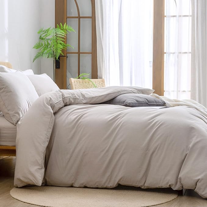 BESTOUCH Duvet Cover Set 100% Washed Cotton Linen Feel Super Soft Comfortable - Image 3