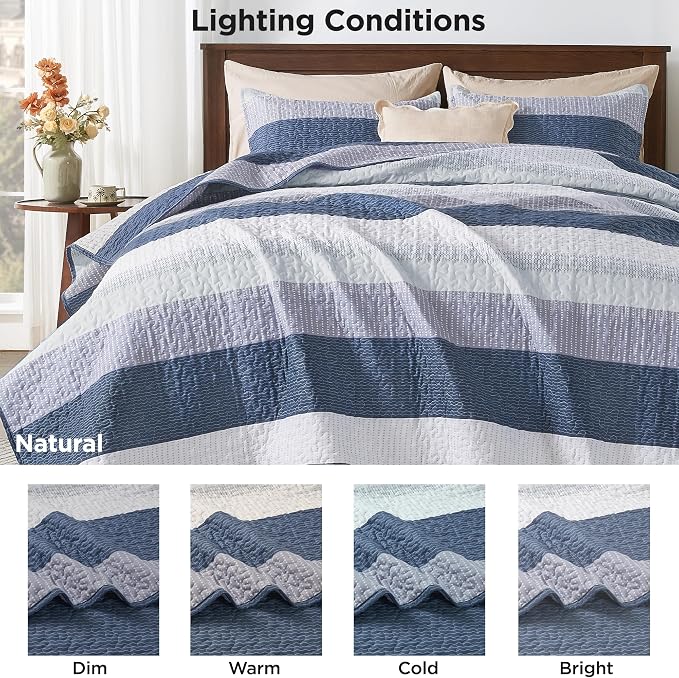 Andency Queen Quilt Bedding Set Mineral Blue, 3 Pieces Patchwork Summer Striped - Image 9