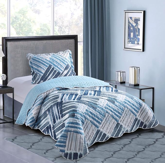 Brilliant Sunshine Blue and Grey Stripe Blocks Patchwork, 2-Piece Quilt Set by BrilliantSunshine