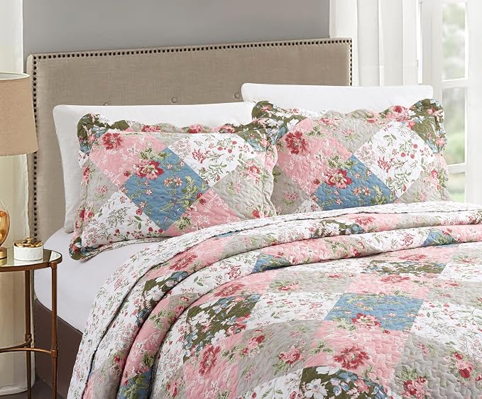 Brilliant Sunshine Peach and Olive Flowers Patchwork, 3-Piece Quilt Set - Image 3