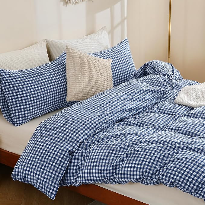 TOCOMOA Navy Blue Gingham Duvet Cover Bedding Set 100% Washed Cotton Like Linen - Image 4
