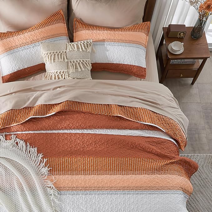 Andency Orange Quilt King, 3 Pieces Patchwork Striped Bedspread Coverlet Set - Image 8