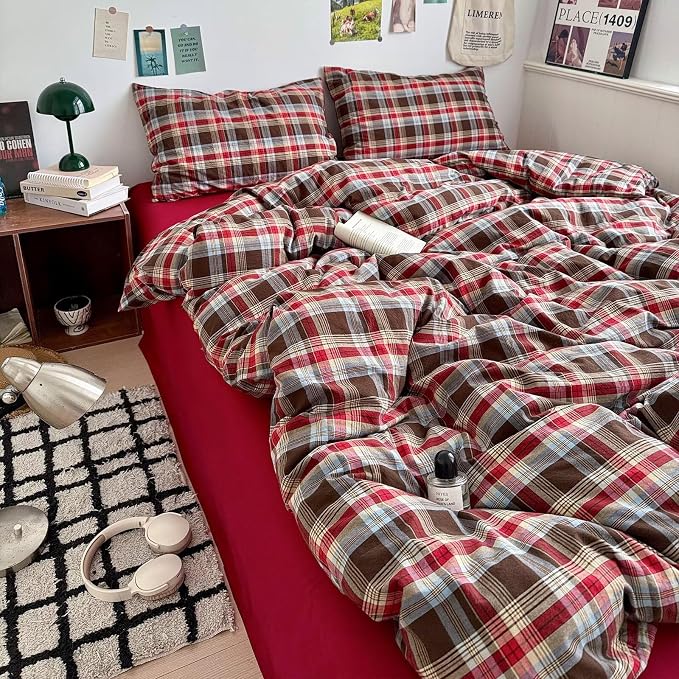 mixinni Vintage Red & Brown Buffalo Plaid Duvet Cover Set Full Size - Image 5