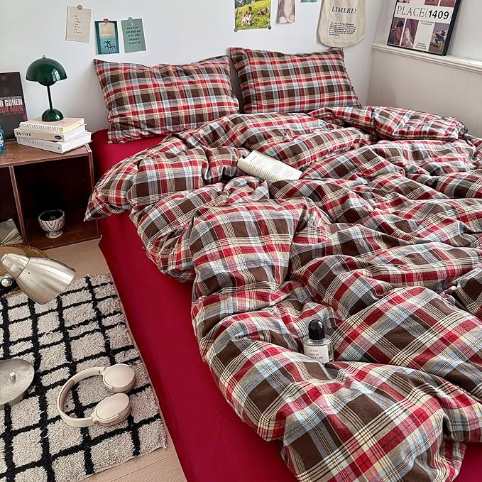 mixinni Vintage Red & Brown Buffalo Plaid Duvet Cover Set Twin Size - Image 5