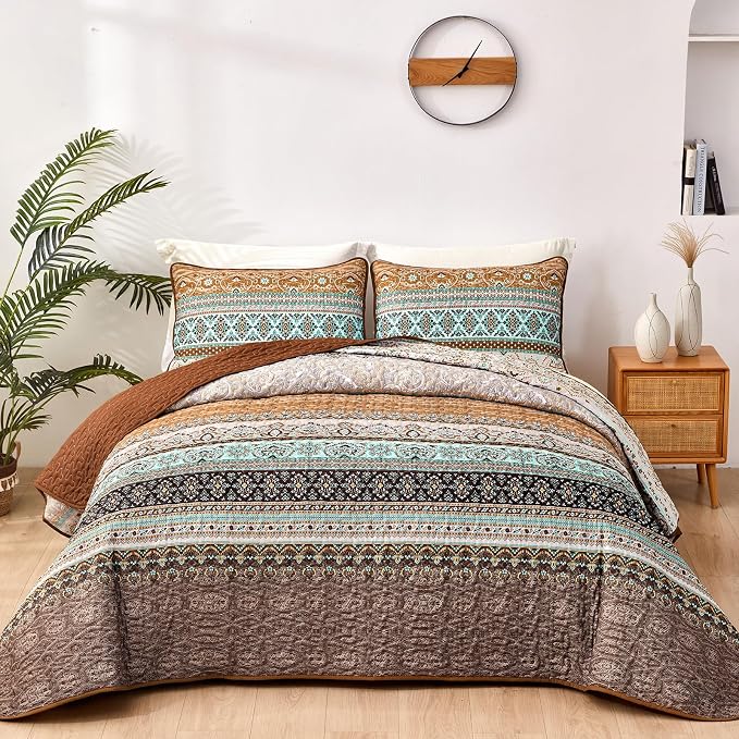 WONGS BEDDING Boho Fall Queen Quilt Set, Lightweight Microfiber Bed Decor by WONGSBEDDING
