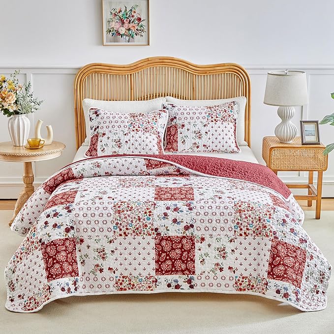 Joyreap 3 Pieces Floral Patchwork Quilt Set Twin, Burgundy Red n White Flowers by Joyreap
