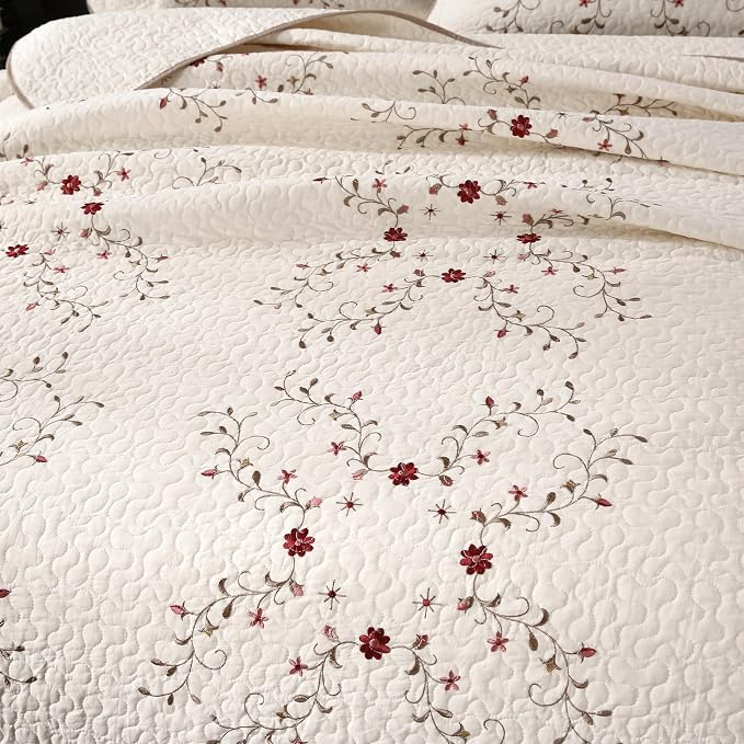 Quilt Set Floral Leaves 3D Embroidery Pattern 3 PCS Cotton Reversible Quilted - Image 4