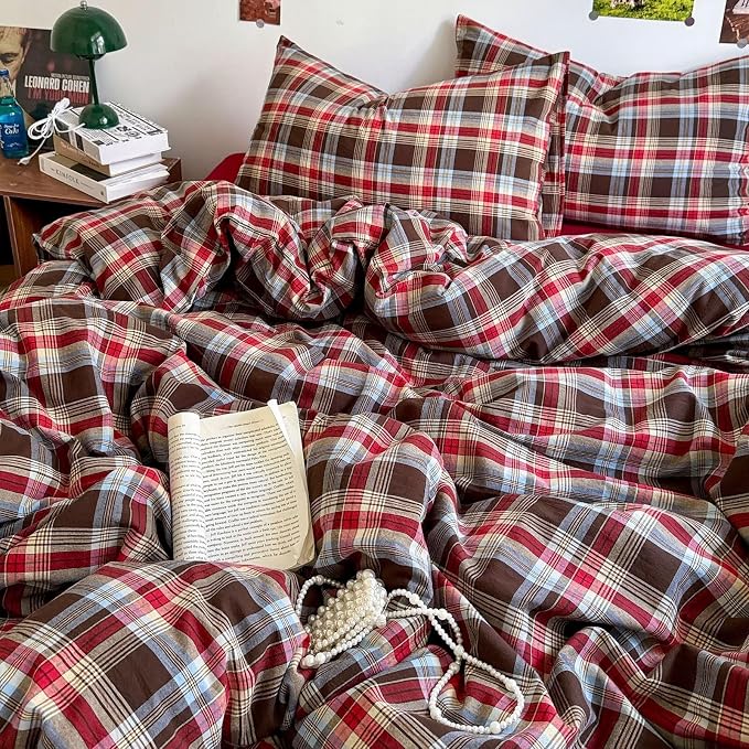 mixinni Vintage Red & Brown Buffalo Plaid Duvet Cover Set Twin Size - Image 4