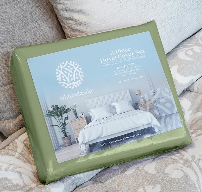 White Classic Sage Green Duvet Cover King Size, Microfiber Duvet Cover - Image 9