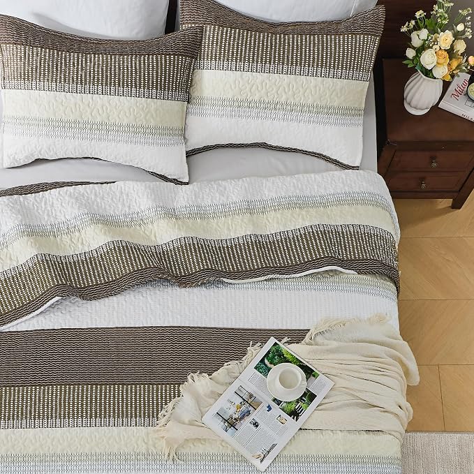 Andency Queen Quilt Bedding Set Mocha Brown, 3 Pieces Patchwork Summer Striped - Image 4